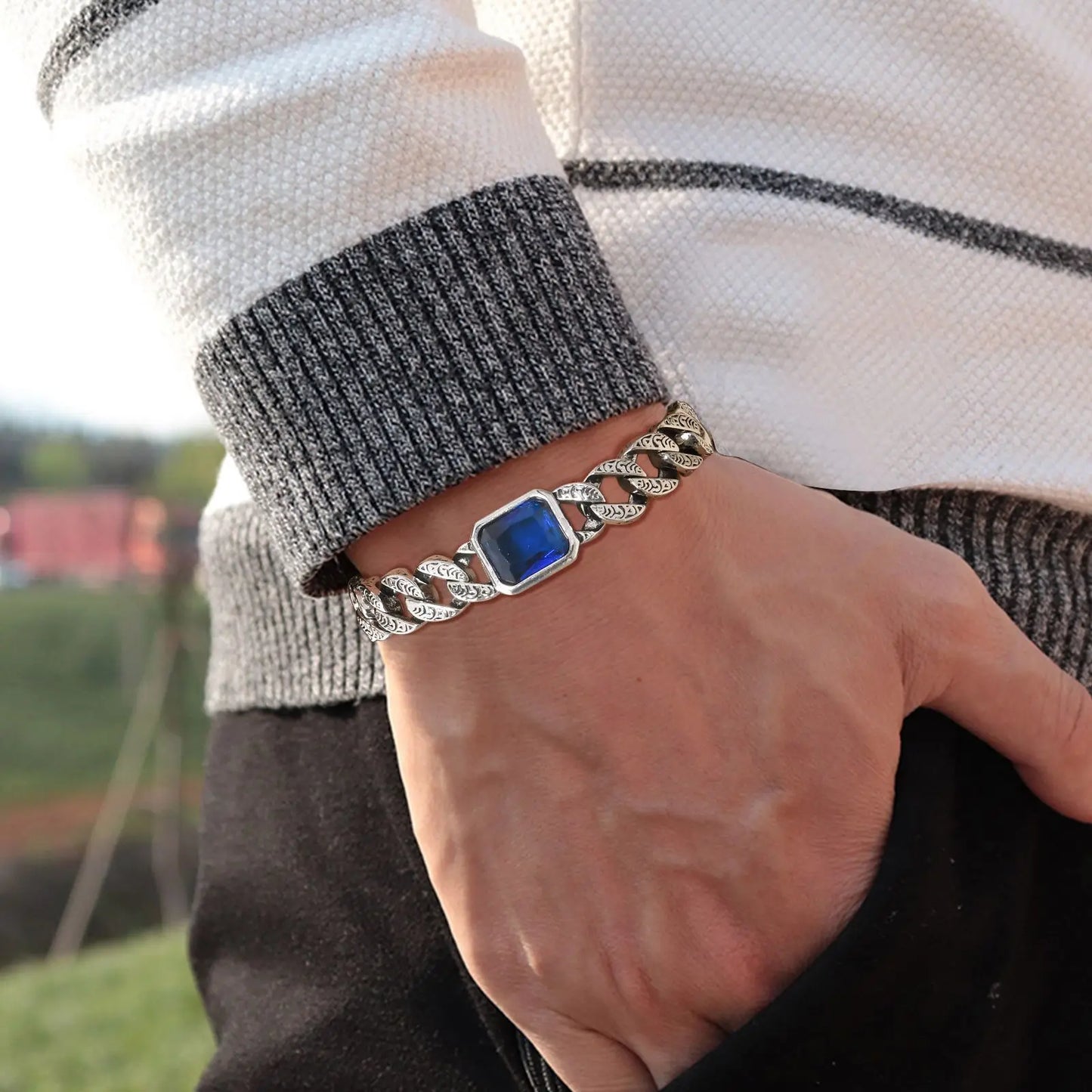 Geometric Square Blue CZ Stone Charm Bracelets