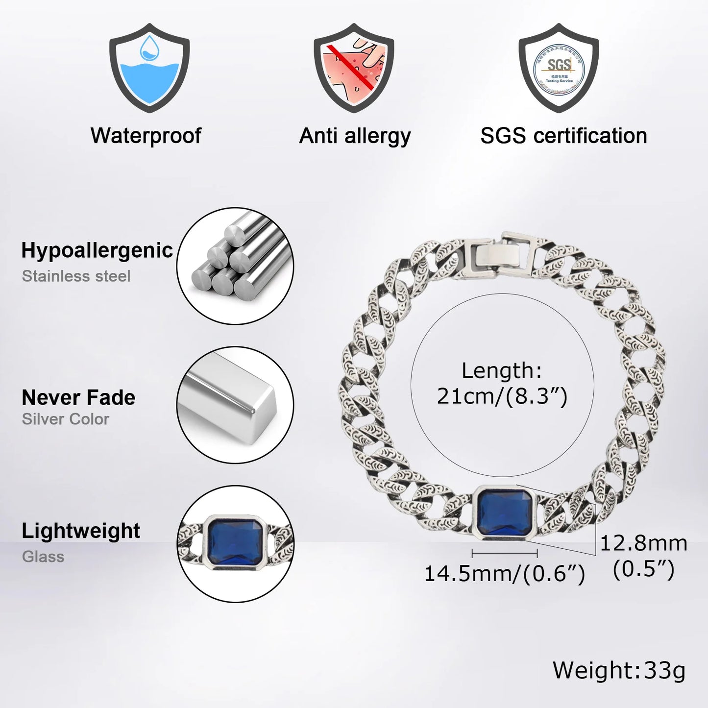 Geometric Square Blue CZ Stone Charm Bracelets