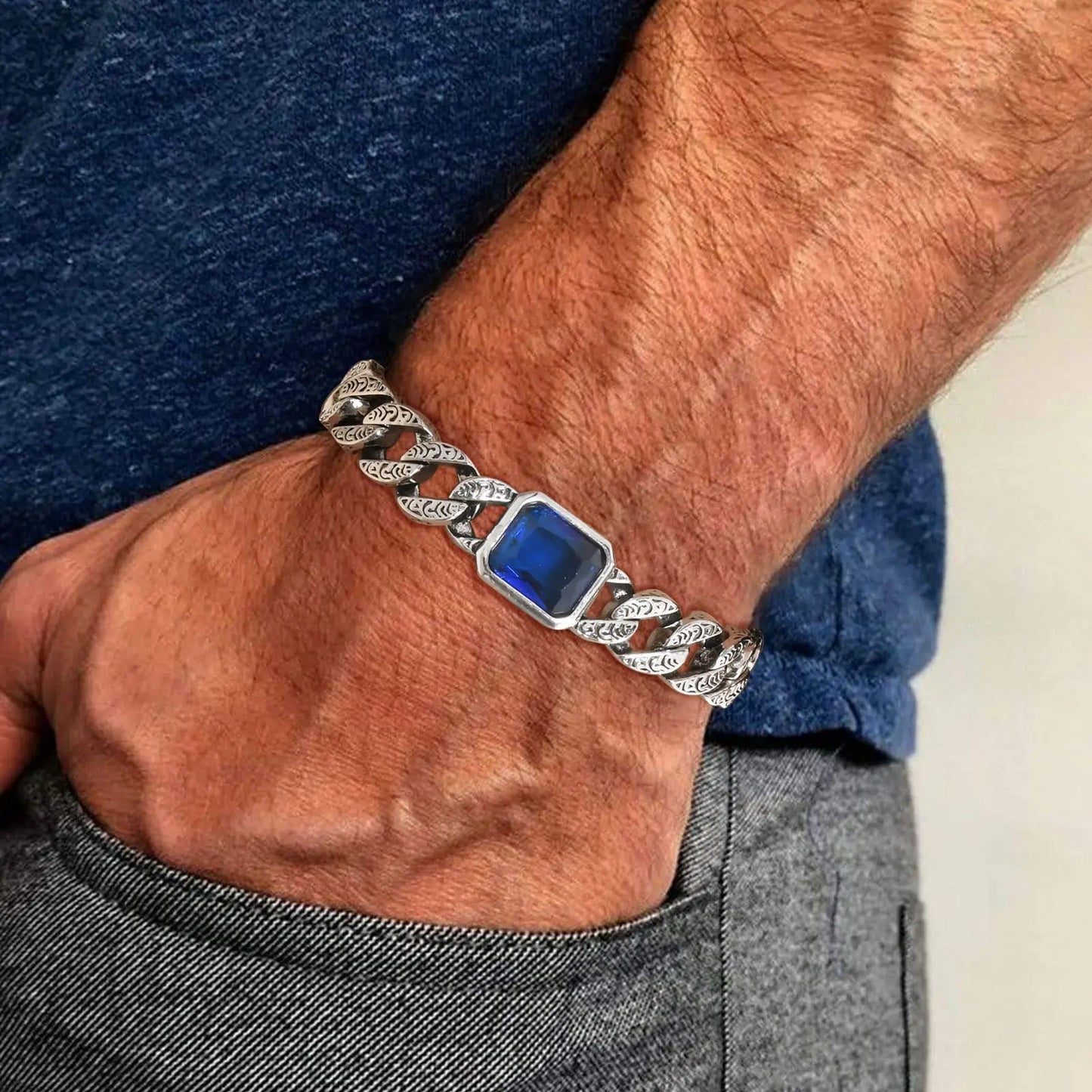 Geometric Square Blue CZ Stone Charm Bracelets